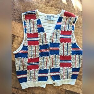 Patchwork knit sweater vest blue and rust XL with wooden buttons 45% cotton
